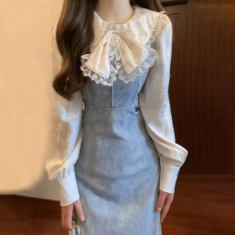 Kostim s suknjom i dugom haljinom s mašnicom na bluzi, 3D uzorak, poliester s elastanom, jesen 2024 dizajn