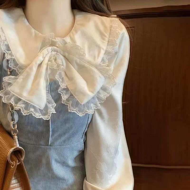 Kostim s suknjom i dugom haljinom s mašnicom na bluzi, 3D uzorak, poliester s elastanom, jesen 2024 dizajn