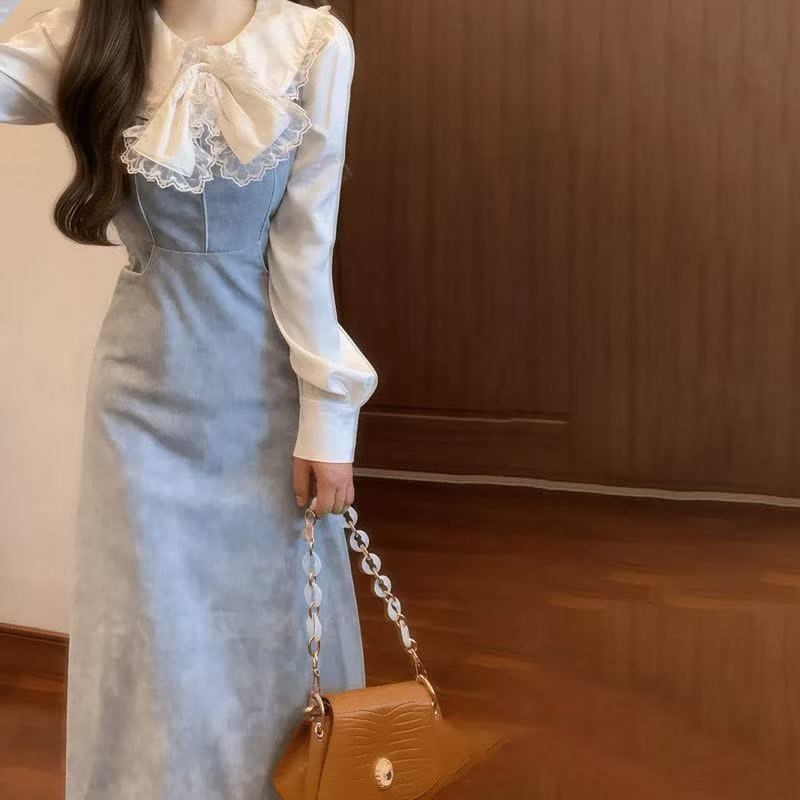 Kostim s suknjom i dugom haljinom s mašnicom na bluzi, 3D uzorak, poliester s elastanom, jesen 2024 dizajn