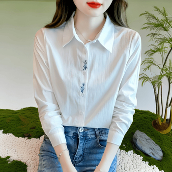 Ženska košulja od pamuka (>95%), visok ovratnik, dugi rukavi, vezenje, elegantan uredski stil