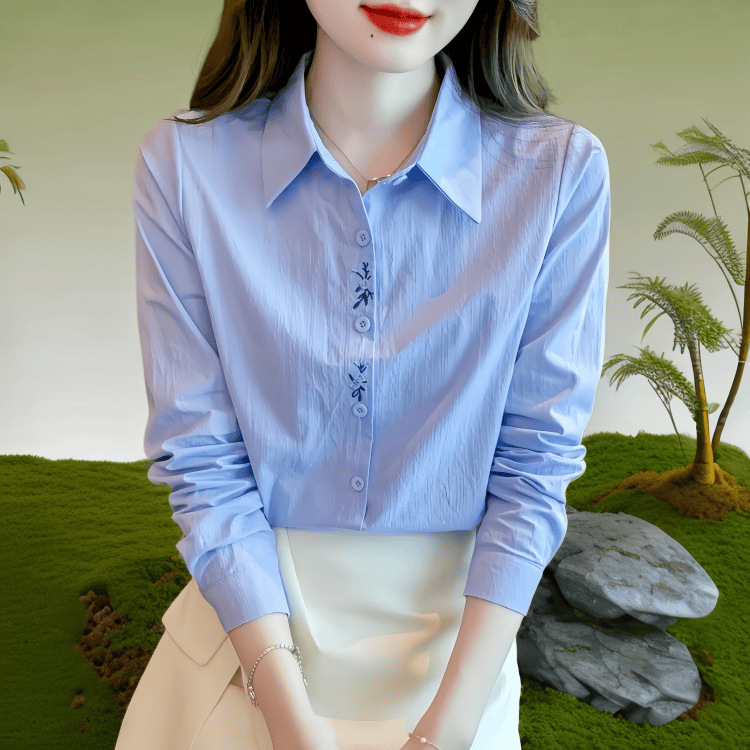 Ženska košulja od pamuka (>95%), visok ovratnik, dugi rukavi, vezenje, elegantan uredski stil