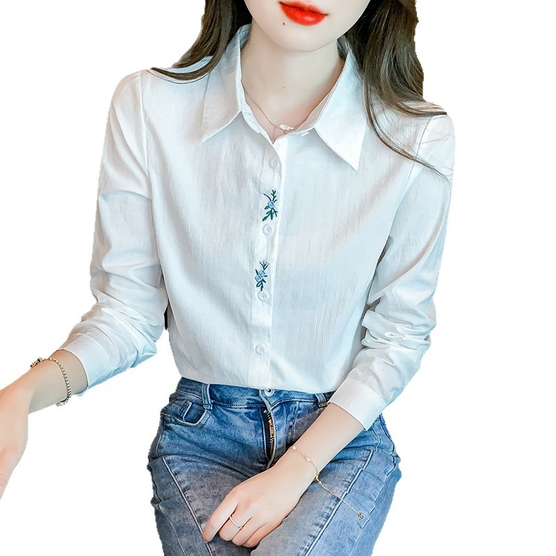 Ženska košulja od pamuka (>95%), visok ovratnik, dugi rukavi, vezenje, elegantan uredski stil