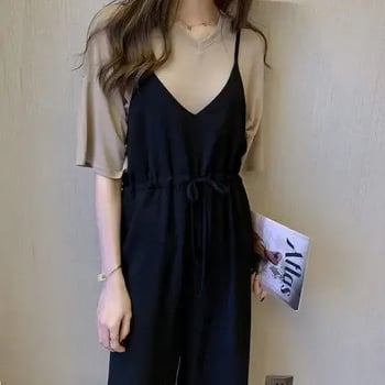 Plus-size ženski ljetni dvodjelni set s overalom i topom – Chenille s elastanom, proljeće 2025