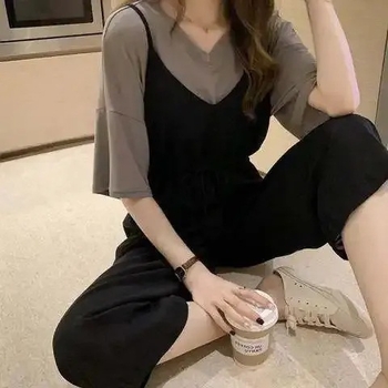 Plus-size ženski ljetni dvodjelni set s overalom i topom – Chenille s elastanom, proljeće 2025