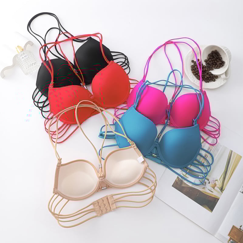 Push-up liemenėlė su kaklo dirželiu, atviras nugaros dizainas, kvėpuojantis poliesteris, 3/4 kaušiai, kaušelio formavimas: viršutinė plona, apatinė storesnė, nuimamas kaklo dirželis, patogu