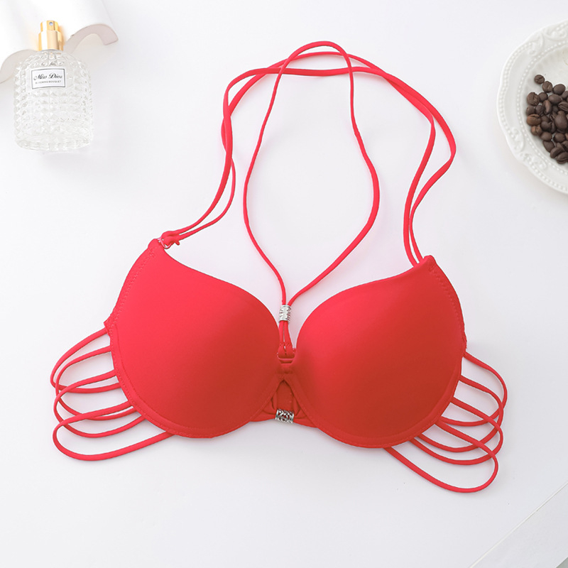 Push-up liemenėlė su kaklo dirželiu, atviras nugaros dizainas, kvėpuojantis poliesteris, 3/4 kaušiai, kaušelio formavimas: viršutinė plona, apatinė storesnė, nuimamas kaklo dirželis, patogu