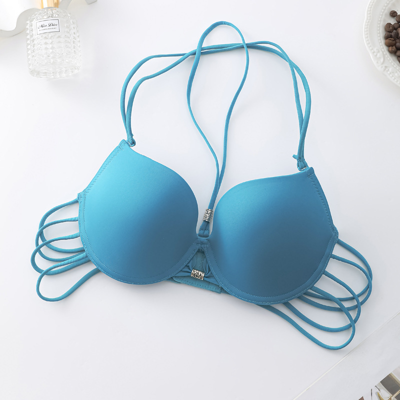 Push-up liemenėlė su kaklo dirželiu, atviras nugaros dizainas, kvėpuojantis poliesteris, 3/4 kaušiai, kaušelio formavimas: viršutinė plona, apatinė storesnė, nuimamas kaklo dirželis, patogu