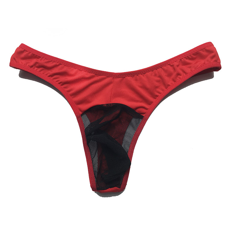 Thong masculin talie joasă, transparent, cu buzunar U; material: Spandex/Lycra; țesătură: tricotat; stil: T/thong; căptușeală: fibră clorată 50–70%