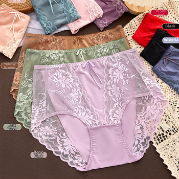 Plus dydžio moterų kelnaitės su nėrinių ir tinklo raštu, aukštu juosmeniu; medžiaga: nailonas; įdėklas: modal; 31-40D siūlų skaičius; plokščias pynimas