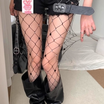 Sieviešu ultra-plānas tīklveida zeķes ar punktētu rakstu un sirds formas kristāliem