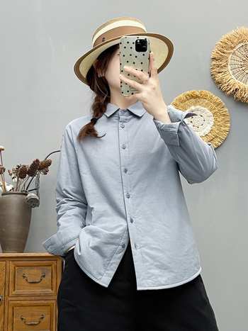 Sieviešu kokvilnas krekli-žakete, ar špiķa apkakli, vienrindu aizdari, garie piedurknes, kardigāna stils, rudens-ziema, 90–95% kokvilnas