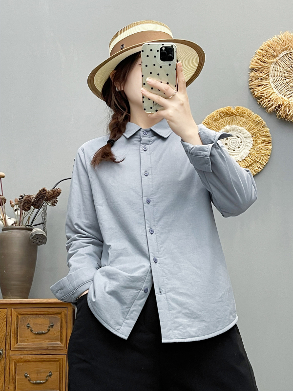 Sieviešu kokvilnas krekli-žakete, ar špiķa apkakli, vienrindu aizdari, garie piedurknes, kardigāna stils, rudens-ziema, 90–95% kokvilnas