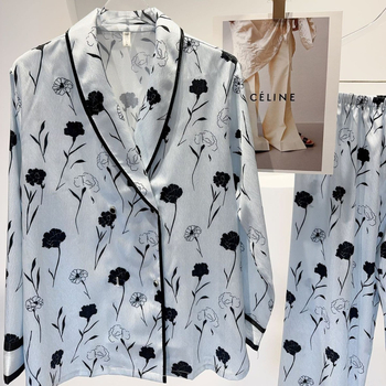 Ženski set pidžama, Ice Silk materijal, V-izrez, dugi rukavi, duge hlače, luksuzan komforan kućni odjev