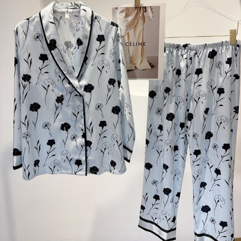 Ženski set pidžama, Ice Silk materijal, V-izrez, dugi rukavi, duge hlače, luksuzan komforan kućni odjev