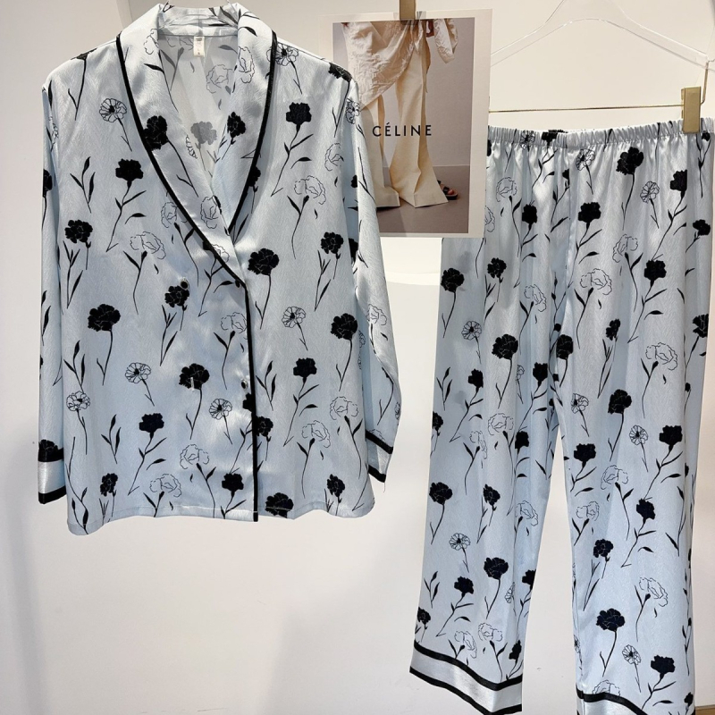 Ženski set pidžama, Ice Silk materijal, V-izrez, dugi rukavi, duge hlače, luksuzan komforan kućni odjev