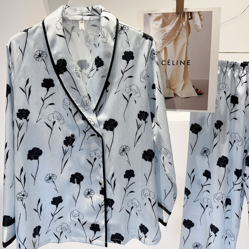 Ženski set pidžama, Ice Silk materijal, V-izrez, dugi rukavi, duge hlače, luksuzan komforan kućni odjev