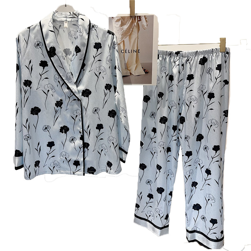 Ženski set pidžama, Ice Silk materijal, V-izrez, dugi rukavi, duge hlače, luksuzan komforan kućni odjev
