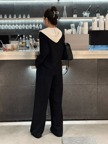 Ženski casual dvodijelni set – inspiriran Hongkong stilom, jesen 2025, pleteni top i široke hlače od poliester-spandeksa
