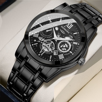 Vyrų laikrodis su Seagull mechanizmu, analoginis ekranas, apskritas metalo korpusas, nerūdijančio plieno dirželis