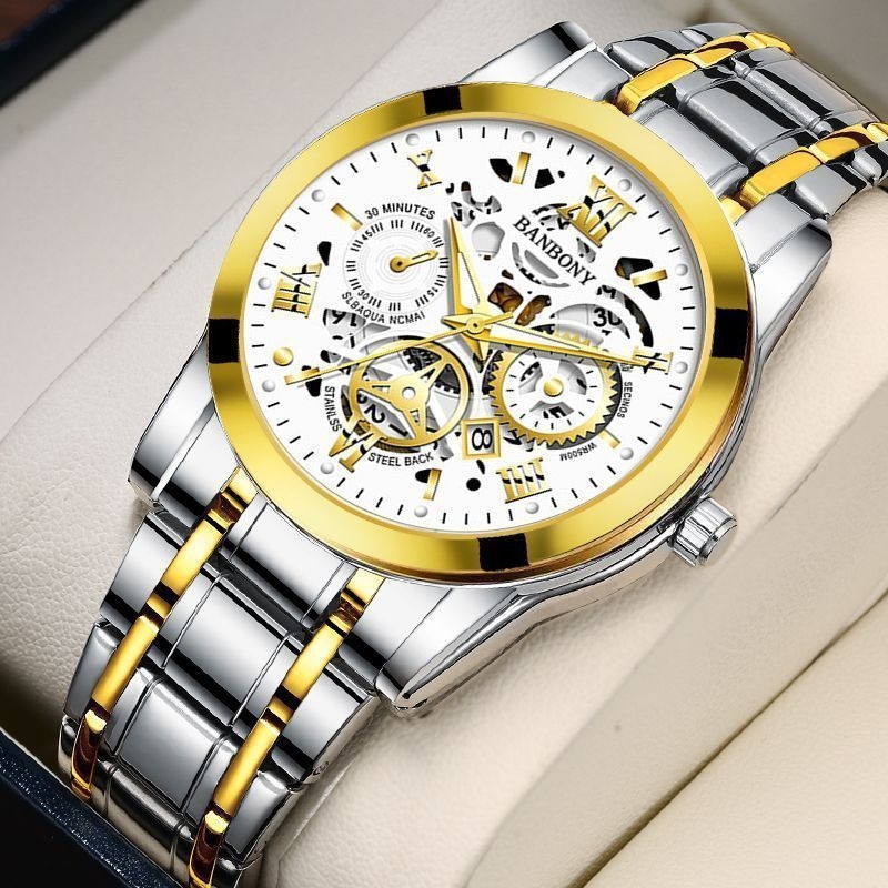 Vyrų laikrodis su Seagull mechanizmu, analoginis ekranas, apskritas metalo korpusas, nerūdijančio plieno dirželis