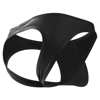 Vyrų fetišinis apatinis trikotažas su blizgančiu odos įspūdžio efektu, permatomas iškirpimo dizainas, 90–95% poliesteris, įpakuotas į maišelį, prekės ženklas Male bully shield