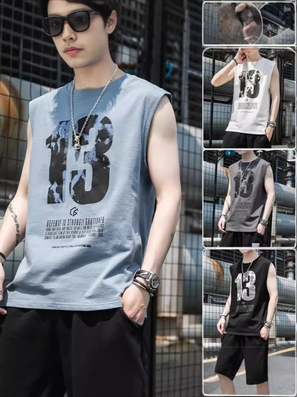 Fiataloknak szóló laza szabású ujjatlan sportmellény betűk nyomtatásával, poliészter, nyár 2024