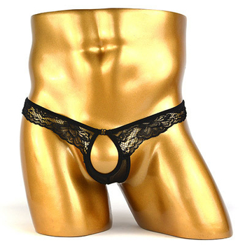 Vyriski apatiniai su priekinio atidarymo, U formos iškilus kišenė, nėriniai ir tinklelis, skaidrūs, T-back; pagrindinis audinys: nailonas; pagrindinio audinio sudėtis 80–90%.