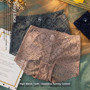 Moterų aukštos juosmens nėrinių kelnaitės iš nailono, kvėpuojančios, medvilnės įdėklas, gėlių raštas