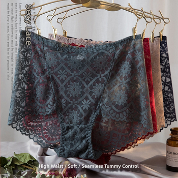 Moterų aukštos juosmens nėrinių kelnaitės iš nailono, kvėpuojančios, medvilnės įdėklas, gėlių raštas