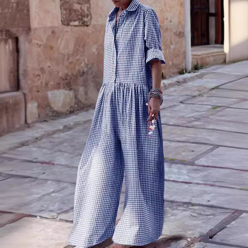 Гащеризон с каре яка на риза, дълги ръкави, памук-лен микс, нишково боядисан плат, свободна талия