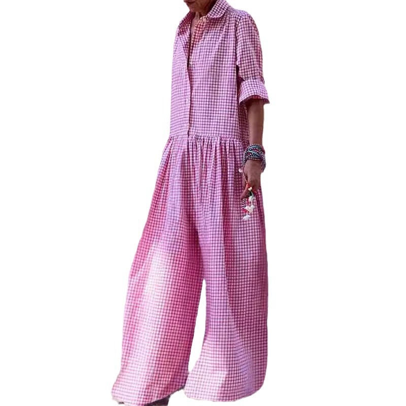 Гащеризон с каре яка на риза, дълги ръкави, памук-лен микс, нишково боядисан плат, свободна талия