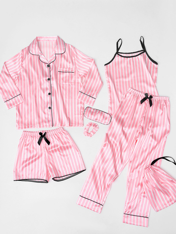 Septynių dalių vaikiškų pižamų komplektas iš imitacinio šilko su dryžių raštu, princesės stiliaus, poliesteris 90–95%, mergaitėms nuo 8 metų ir vyresnėms, ištisus metus