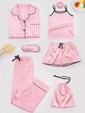 Septynių dalių vaikiškų pižamų komplektas iš imitacinio šilko su dryžių raštu, princesės stiliaus, poliesteris 90–95%, mergaitėms nuo 8 metų ir vyresnėms, ištisus metus