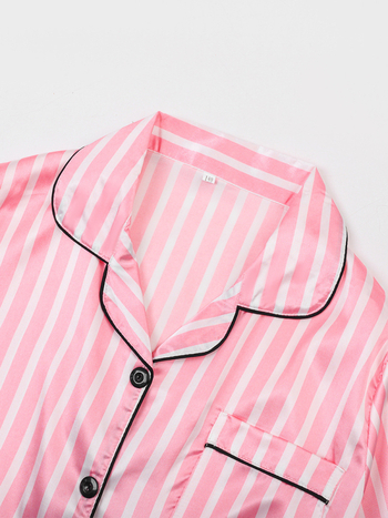 Septynių dalių vaikiškų pižamų komplektas iš imitacinio šilko su dryžių raštu, princesės stiliaus, poliesteris 90–95%, mergaitėms nuo 8 metų ir vyresnėms, ištisus metus