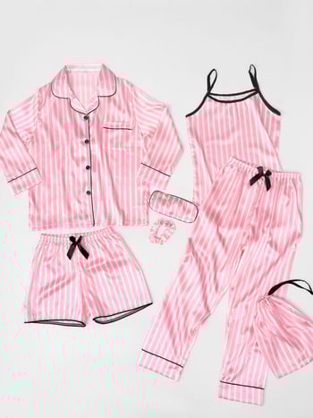 Septynių dalių vaikiškų pižamų komplektas iš imitacinio šilko su dryžių raštu, princesės stiliaus, poliesteris 90–95%, mergaitėms nuo 8 metų ir vyresnėms, ištisus metus