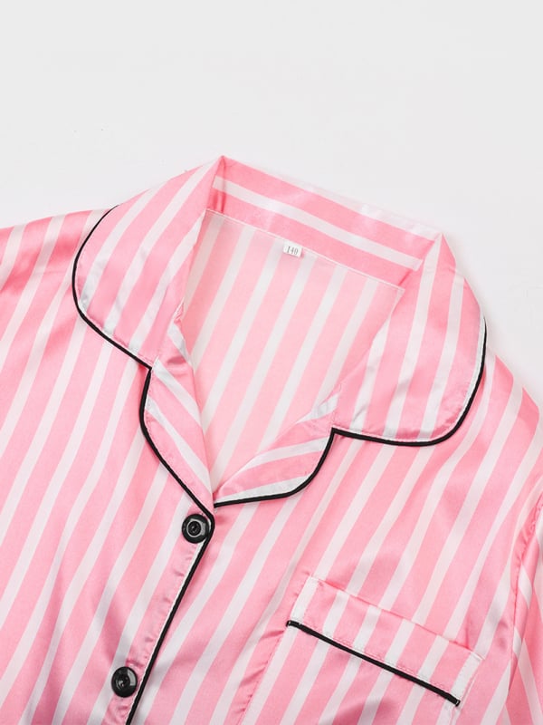 Septynių dalių vaikiškų pižamų komplektas iš imitacinio šilko su dryžių raštu, princesės stiliaus, poliesteris 90–95%, mergaitėms nuo 8 metų ir vyresnėms, ištisus metus