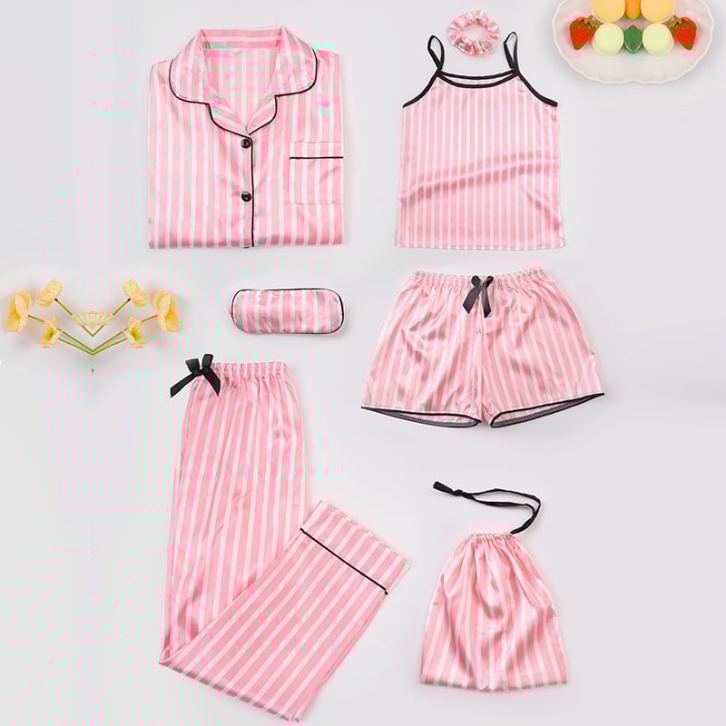 Septynių dalių vaikiškų pižamų komplektas iš imitacinio šilko su dryžių raštu, princesės stiliaus, poliesteris 90–95%, mergaitėms nuo 8 metų ir vyresnėms, ištisus metus