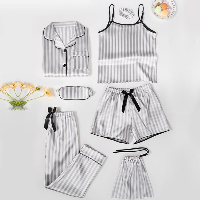 Septynių dalių vaikiškų pižamų komplektas iš imitacinio šilko su dryžių raštu, princesės stiliaus, poliesteris 90–95%, mergaitėms nuo 8 metų ir vyresnėms, ištisus metus