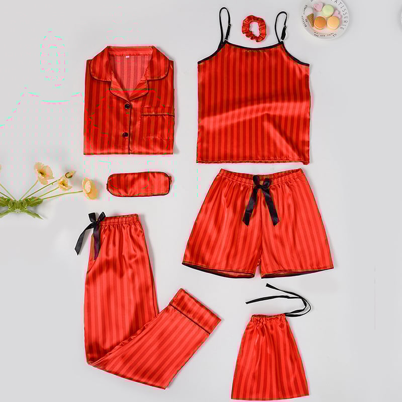 Septynių dalių vaikiškų pižamų komplektas iš imitacinio šilko su dryžių raštu, princesės stiliaus, poliesteris 90–95%, mergaitėms nuo 8 metų ir vyresnėms, ištisus metus