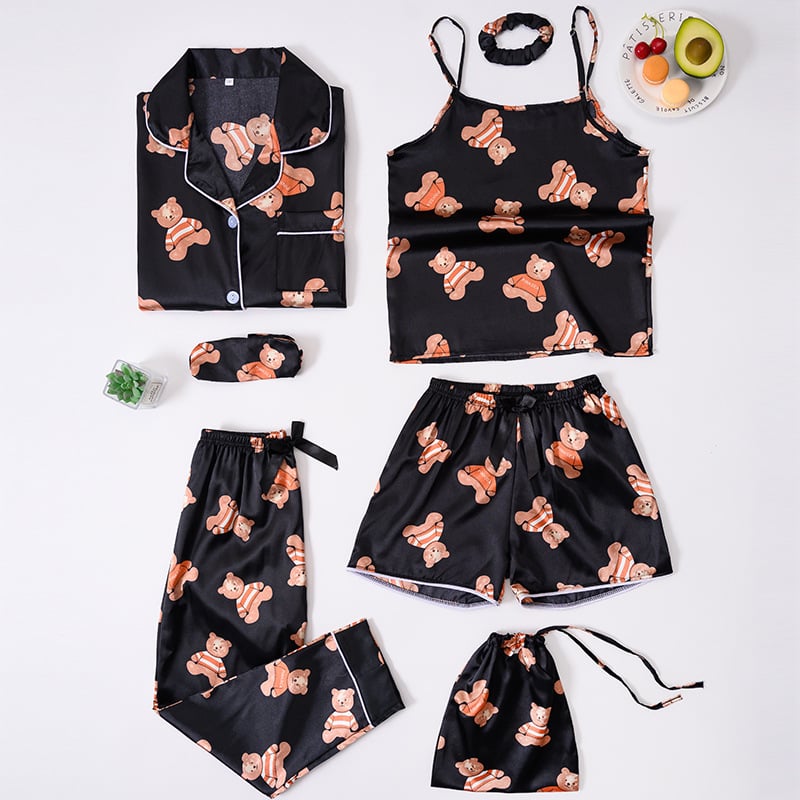 Septynių dalių vaikiškų pižamų komplektas iš imitacinio šilko su dryžių raštu, princesės stiliaus, poliesteris 90–95%, mergaitėms nuo 8 metų ir vyresnėms, ištisus metus