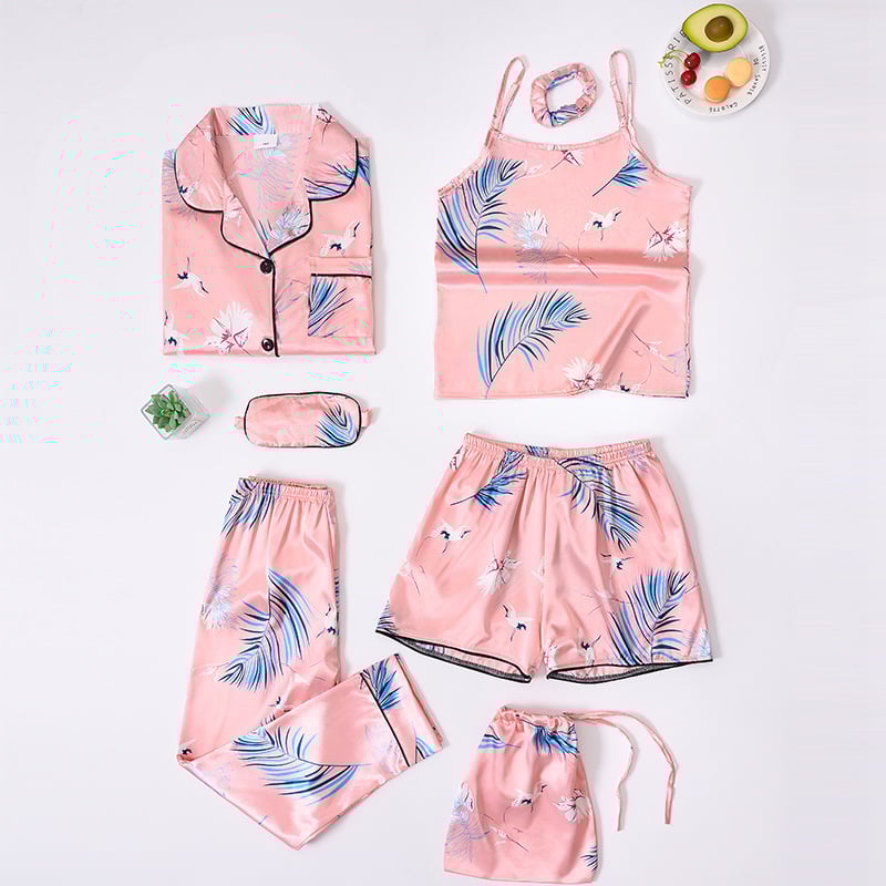 Septynių dalių vaikiškų pižamų komplektas iš imitacinio šilko su dryžių raštu, princesės stiliaus, poliesteris 90–95%, mergaitėms nuo 8 metų ir vyresnėms, ištisus metus