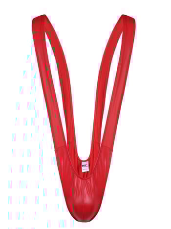 Vyrų vienos dalies maudymosi kostiumėlis su V formos raišteliais ir imituota patentinės odos išvaizda | poliesteris; pagrindinė audinio sudėtis 90–95% poliesterio; aukštas liemuo