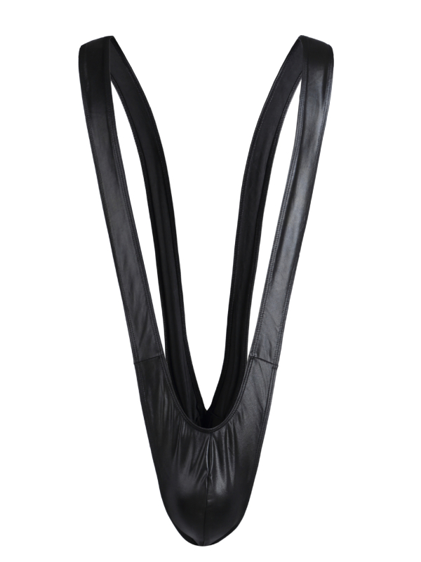 Vyrų vienos dalies maudymosi kostiumėlis su V formos raišteliais ir imituota patentinės odos išvaizda | poliesteris; pagrindinė audinio sudėtis 90–95% poliesterio; aukštas liemuo