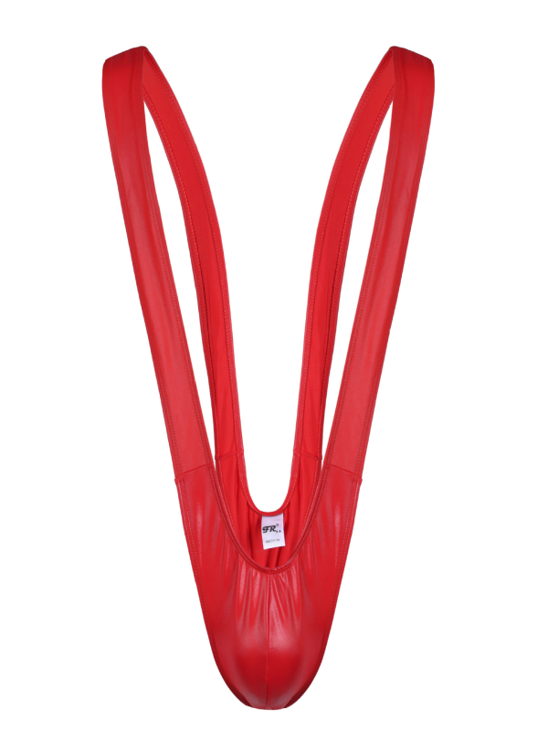 Vyrų vienos dalies maudymosi kostiumėlis su V formos raišteliais ir imituota patentinės odos išvaizda | poliesteris; pagrindinė audinio sudėtis 90–95% poliesterio; aukštas liemuo