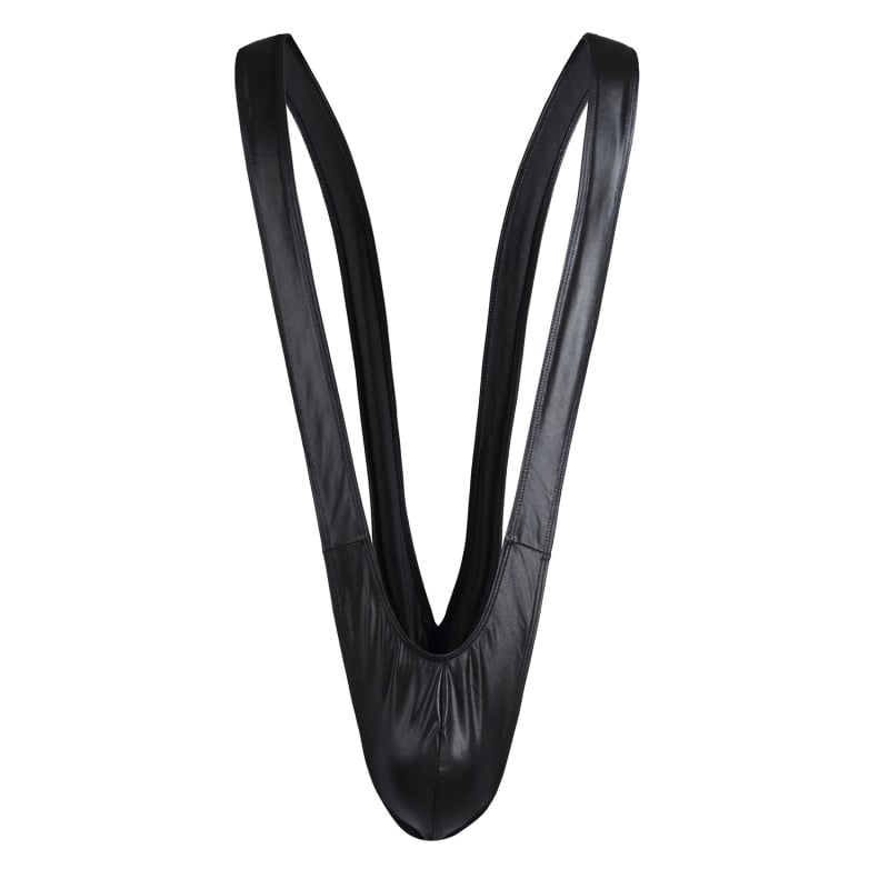 Vyrų vienos dalies maudymosi kostiumėlis su V formos raišteliais ir imituota patentinės odos išvaizda | poliesteris; pagrindinė audinio sudėtis 90–95% poliesterio; aukštas liemuo