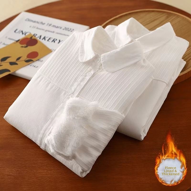 Medvilniniai marškiniai, vienos spalvos, apykaklė su reveriu, ilgos rankovės, sagų eilė, literatūrinis retro stilius, žiemos kolekcija 2025