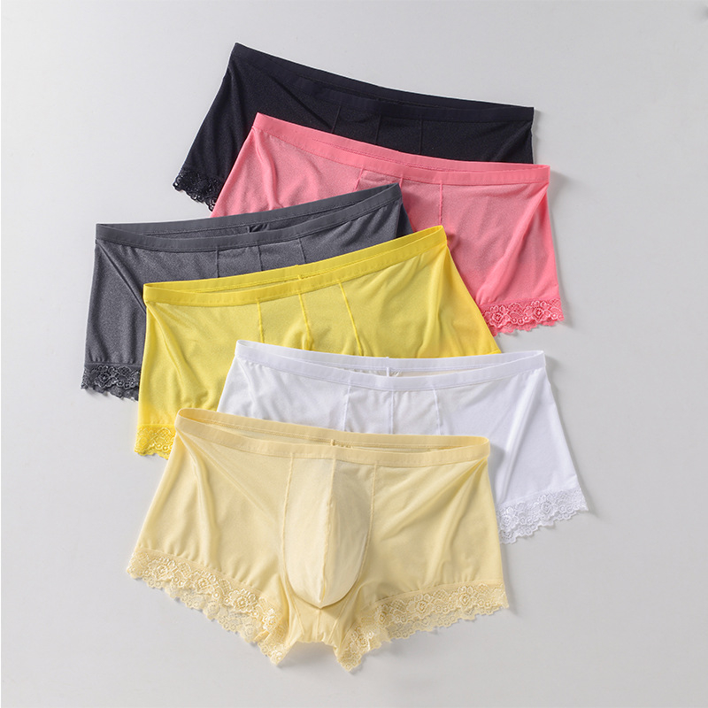 Muške boxerice od ice silk s čipkom, niski struk, veliki džep, brzo se suše, prozračne, glavna tkanina najlon