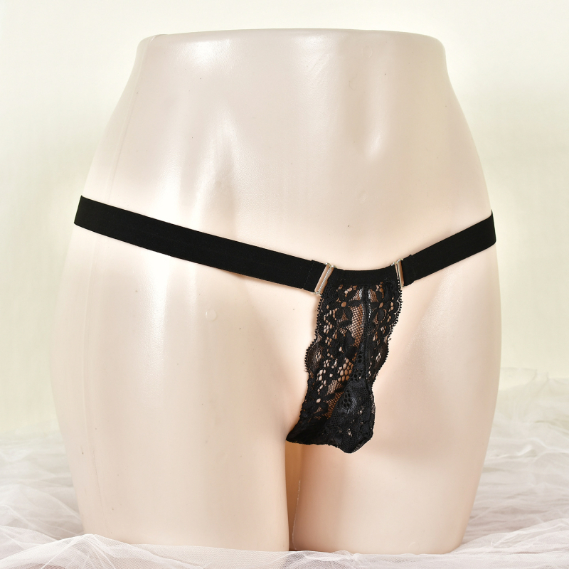 Nėriniai vyriški thong apatiniai, permatomi, poliesteris, pagrindinis audinys 95–100%, pakuotė maiše, rinkos pradžia 2025 metų žiemą