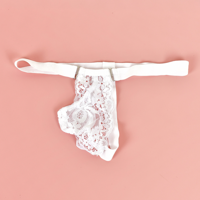 Nėriniai vyriški thong apatiniai, permatomi, poliesteris, pagrindinis audinys 95–100%, pakuotė maiše, rinkos pradžia 2025 metų žiemą