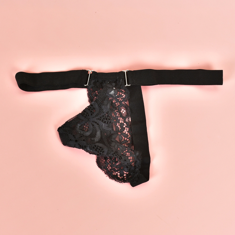 Nėriniai vyriški thong apatiniai, permatomi, poliesteris, pagrindinis audinys 95–100%, pakuotė maiše, rinkos pradžia 2025 metų žiemą